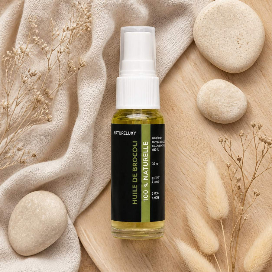 3 Huile de Brocoli 30mL Spray 100% Naturelle – composition flat lay avec éléments naturels, vue du dessus