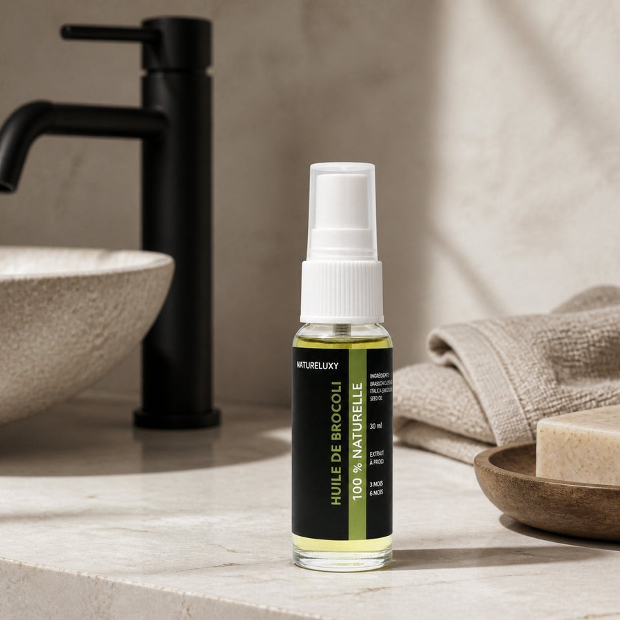 3 Huile de Brocoli 30mL Spray 100% Naturelle – présentation du produit dans une salle de bain lumineuse et naturelle