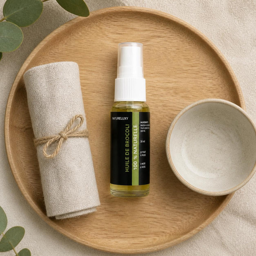 3 Huile de Brocoli 30mL Spray 100% Naturelle – rituel d'utilisation vu du dessus, ambiance naturelle zen