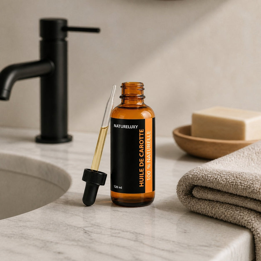 3 Huile de Carotte 100mL pipette 100% Naturelle – présentation du produit dans une salle de bain lumineuse et naturelle