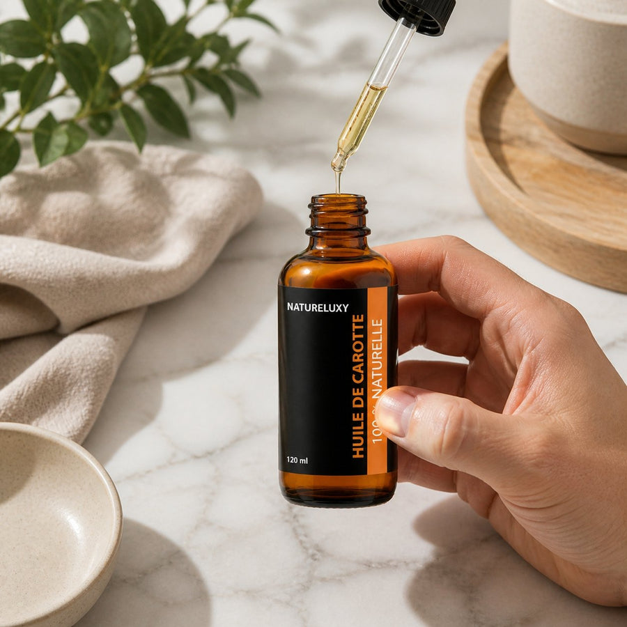 3 Huile de Carotte 100mL pipette 100% Naturelle – application en situation réelle, geste de soin quotidien