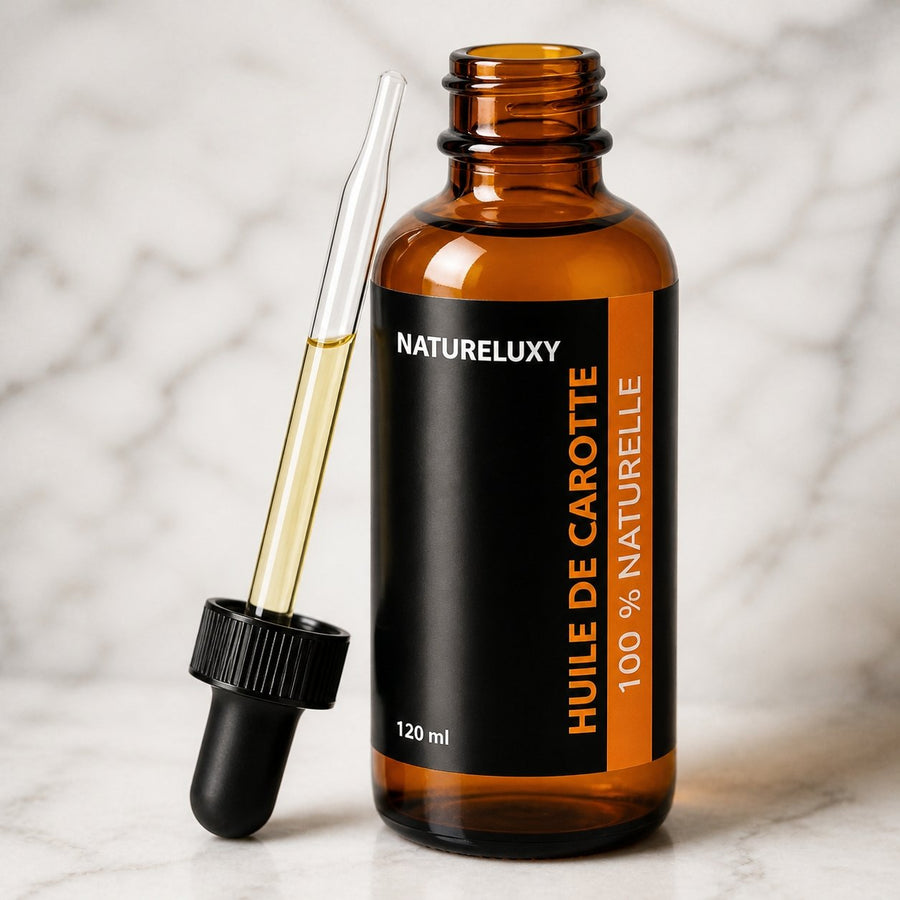 3 Huile de Carotte 100mL pipette 100% Naturelle – gros plan sur les détails et la finition du packaging