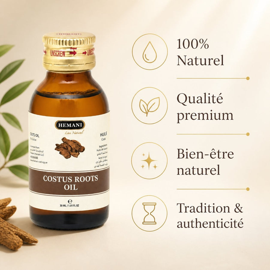 3 Huile de Costus Indien 30mL Hemani 100% naturelle – infographie des bienfaits et des ingrédients clés