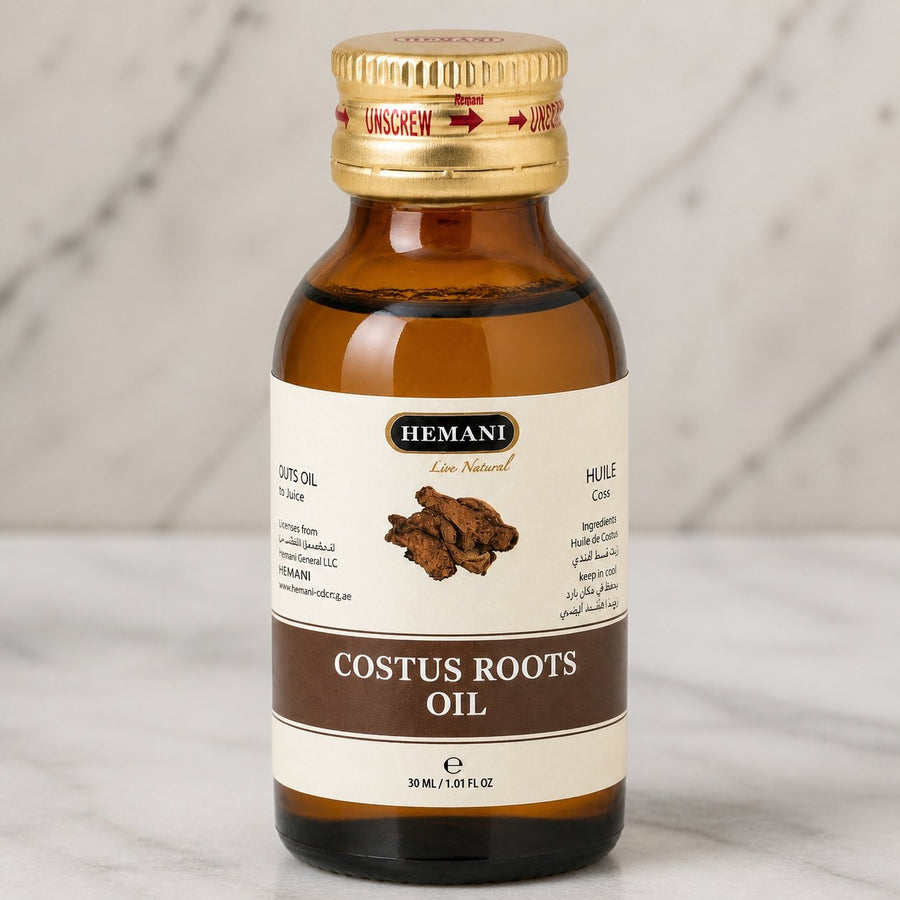 3 Huile de Costus Indien 30mL Hemani 100% naturelle – gros plan sur les détails et la finition du packaging