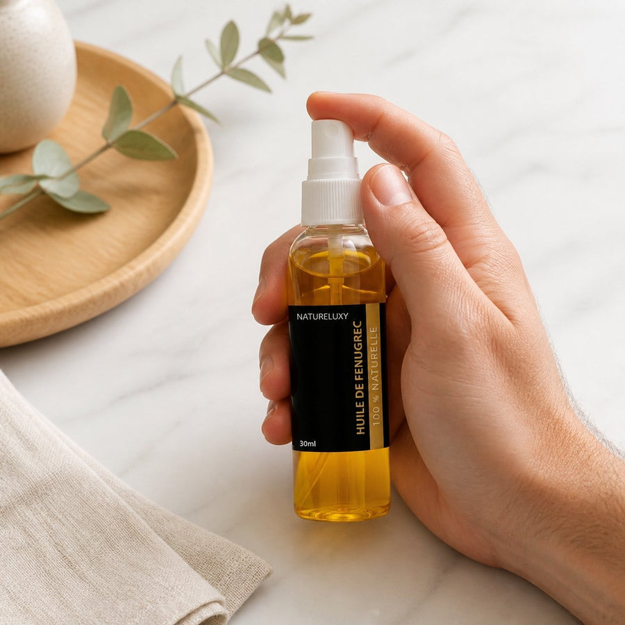3 Huile de Fenugrec cosmétique 30mL Spray – application en situation réelle, geste de soin quotidien