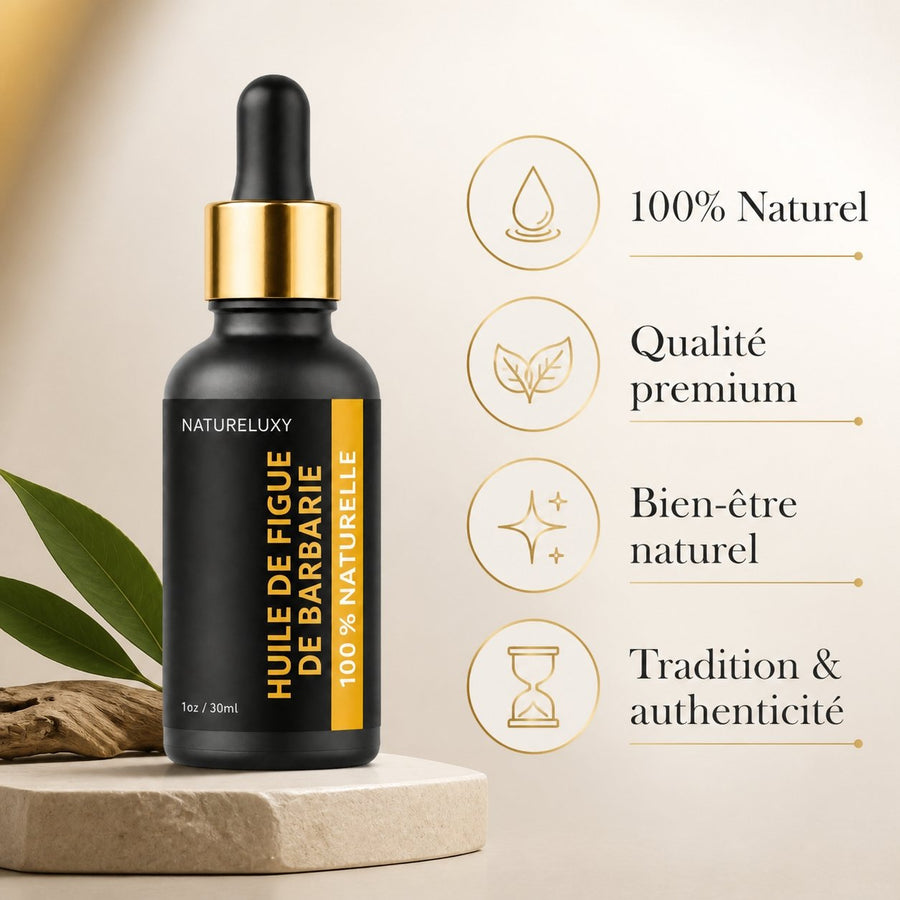 Lot de 3 Huiles de Figue de Barbarie 30 ml Pipette — 100% naturelle, Huile végétale visage anti-âge (3×30 ml) – infographie des bienfaits et des ingrédients clés