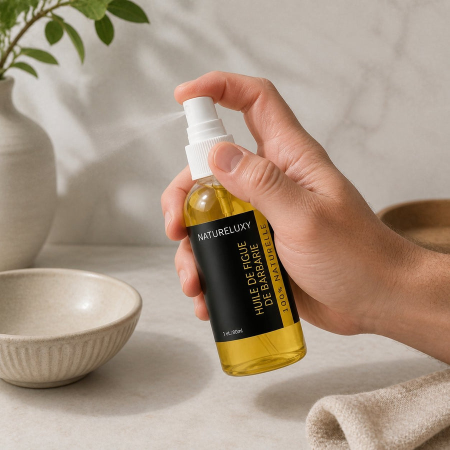 Lot 3× Huile de Figue de Barbarie 30 ml Spray – Soin visage anti-âge, peaux matures & déshydratées – application en situation réelle, geste de soin quotidien