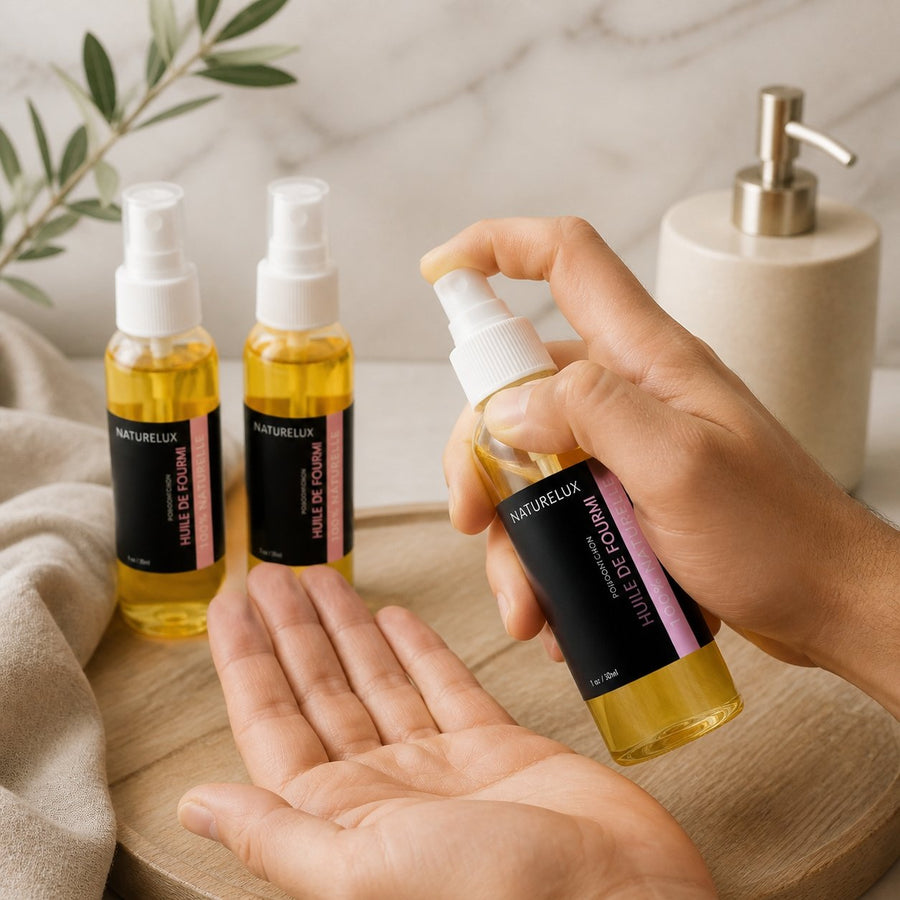 3 Huile de Fourmi Contre la Pousse des Poils 100mL Spray 100% Naturelle – application en situation réelle, geste de soin quotidien