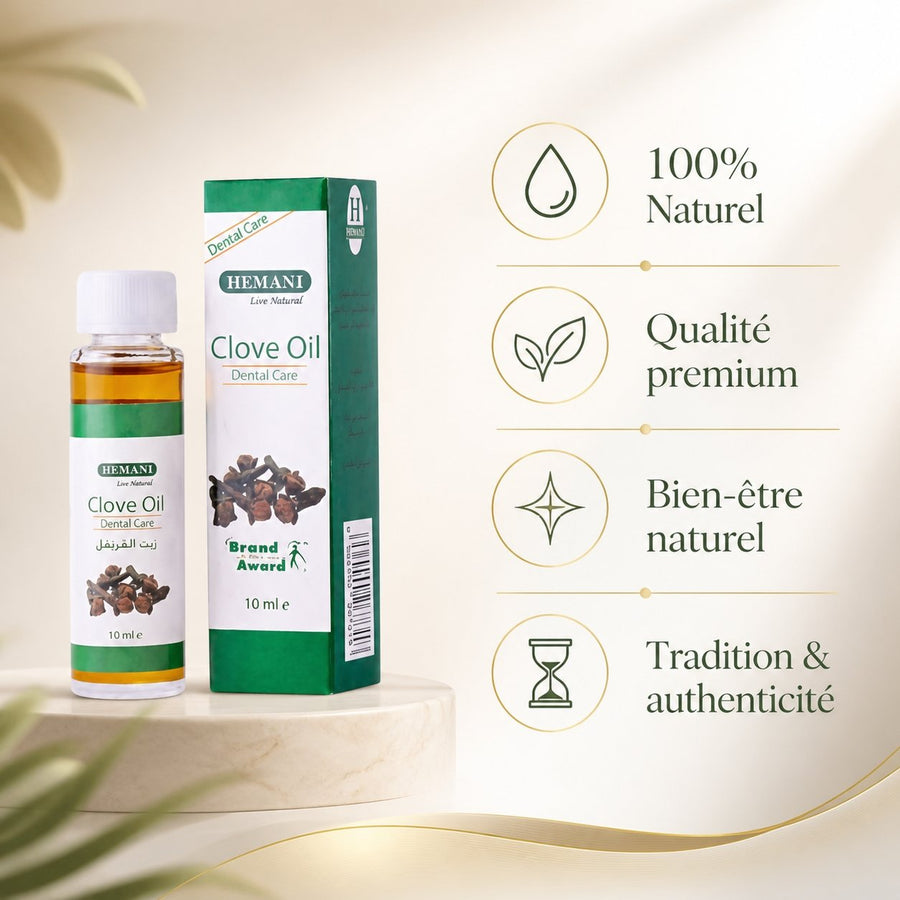 3 X Huile de girofle 10mL 100% naturelle Hemani – infographie des bienfaits et des ingrédients clés