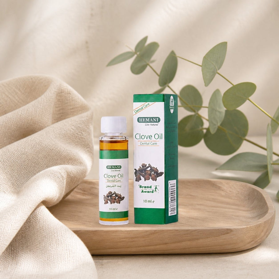 3 X Huile de girofle 10mL 100% naturelle Hemani -10% – composition sur plateau en bois