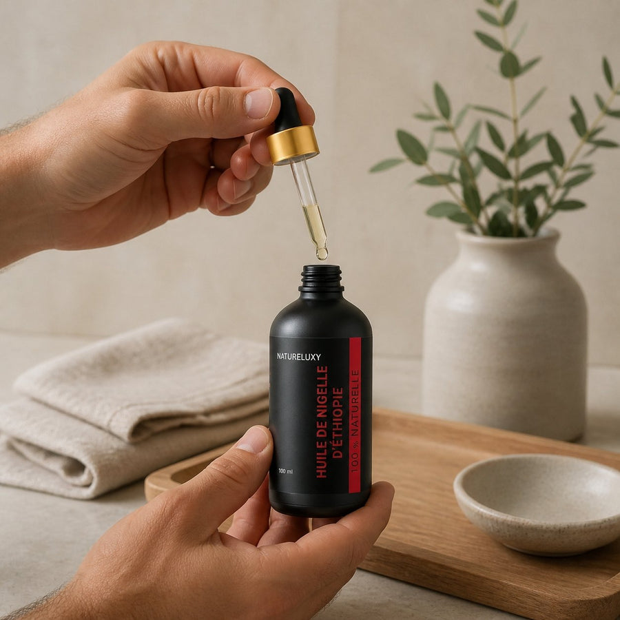 3 Huile de Nigelle d'éthiopie 100mL pipette 100% naturelle – application en situation réelle, geste de soin quotidien