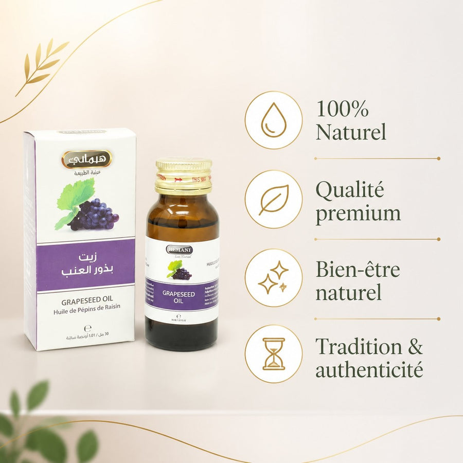 3 Huile de Pépin de Raisin 30mL 100% Naturelle Hemani – infographie des bienfaits et des ingrédients clés