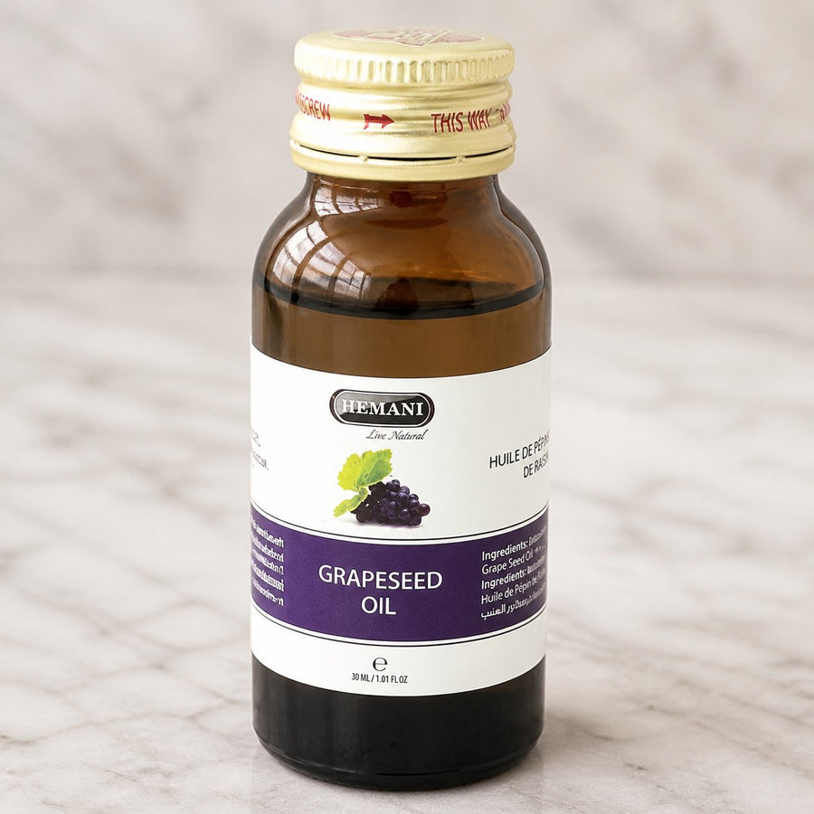 3 Huile de Pépin de Raisin 30mL 100% Naturelle Hemani – gros plan sur les détails et la finition du packaging