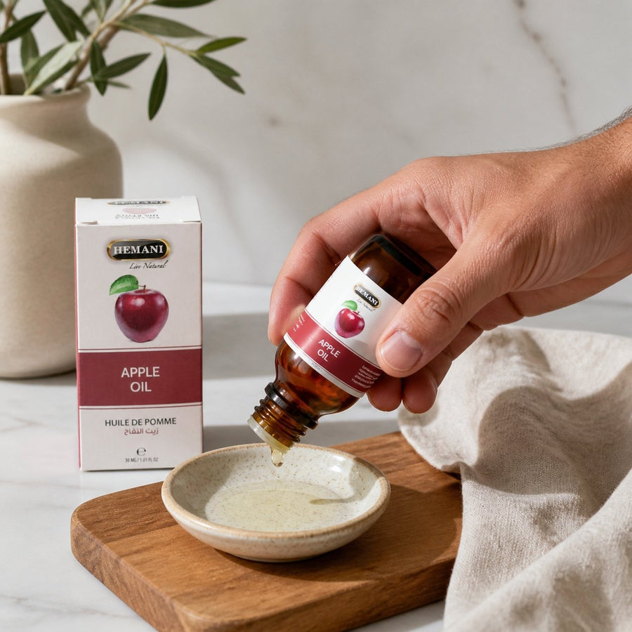 3 Huile de Pomme 30mL 100% Naturelle Hemani – application en situation réelle, geste de soin quotidien