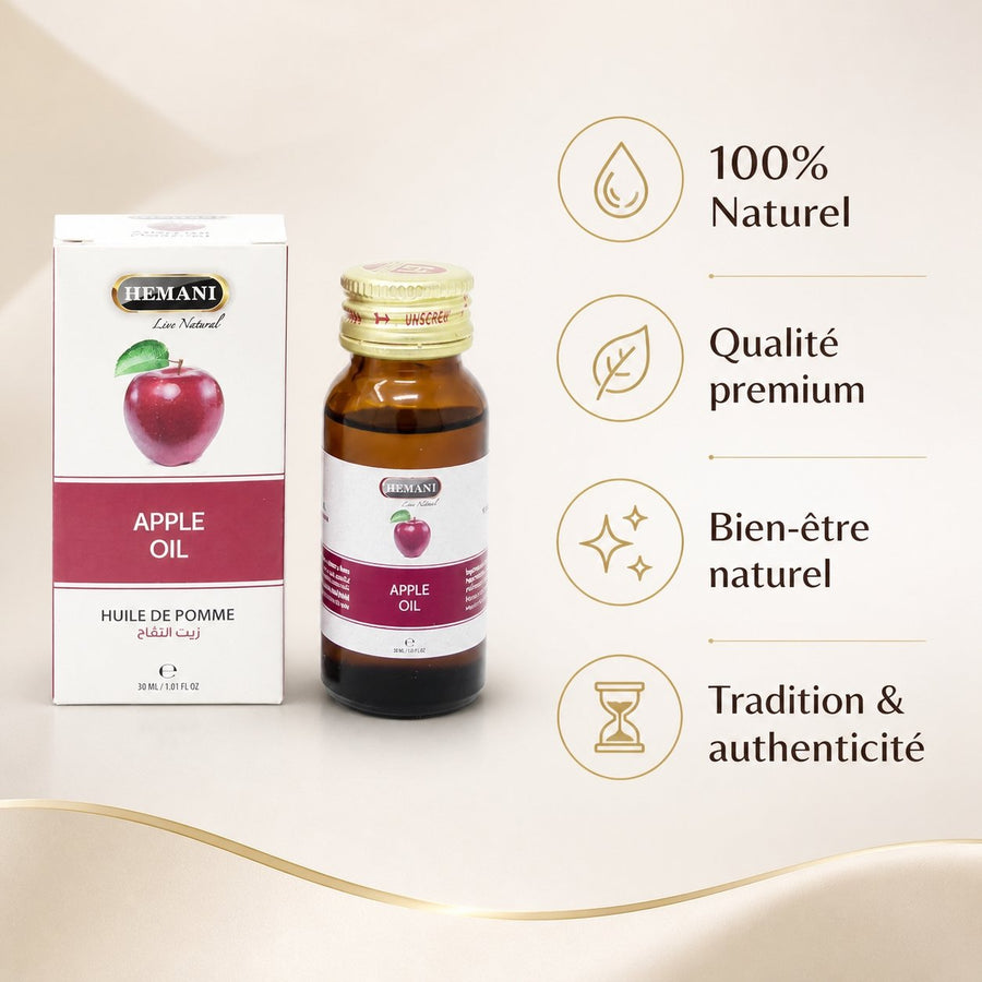 3 Huile de Pomme 30mL 100% Naturelle Hemani – infographie des bienfaits et des ingrédients clés