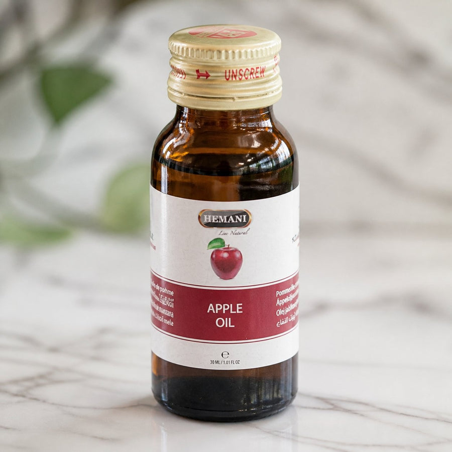 3 Huile de Pomme 30mL 100% Naturelle Hemani – gros plan sur les détails et la finition du packaging