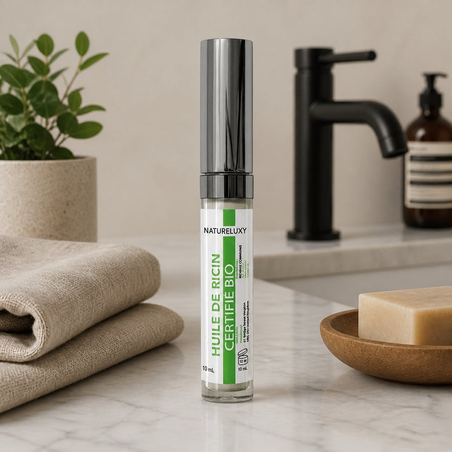 3 Huile de ricin en mascara pour faire pousser les cils 10ml – présentation du produit dans une salle de bain lumineuse et naturelle