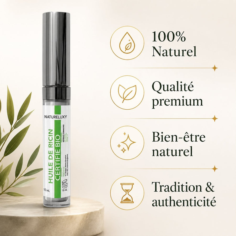 3 Huile de ricin en mascara pour faire pousser les cils 10ml – infographie des bienfaits et des ingrédients clés