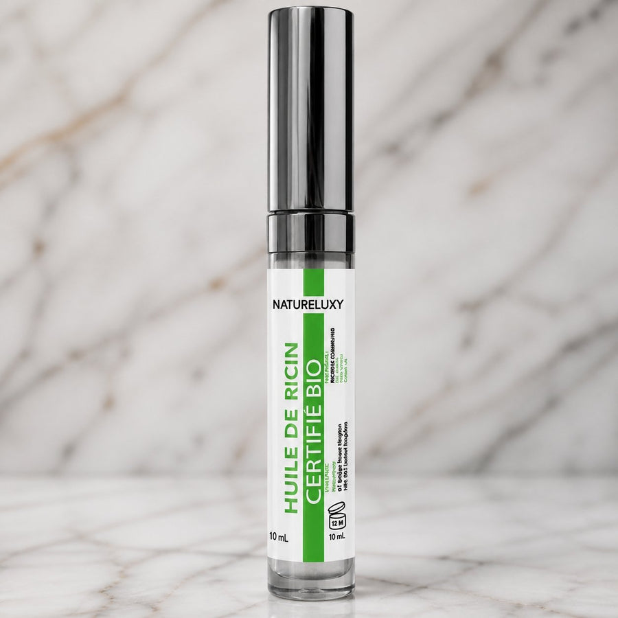 3 Huile de ricin en mascara pour faire pousser les cils 10ml – gros plan sur les détails et la finition du packaging