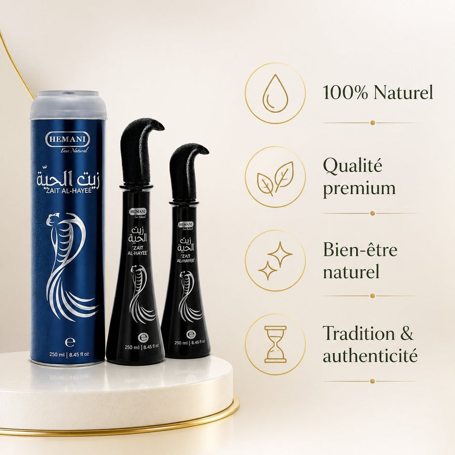 3 Huiles de Serpent pour cheveux Zait Al Hayee - Hemani - 250 ml – infographie des bienfaits et des ingrédients clés