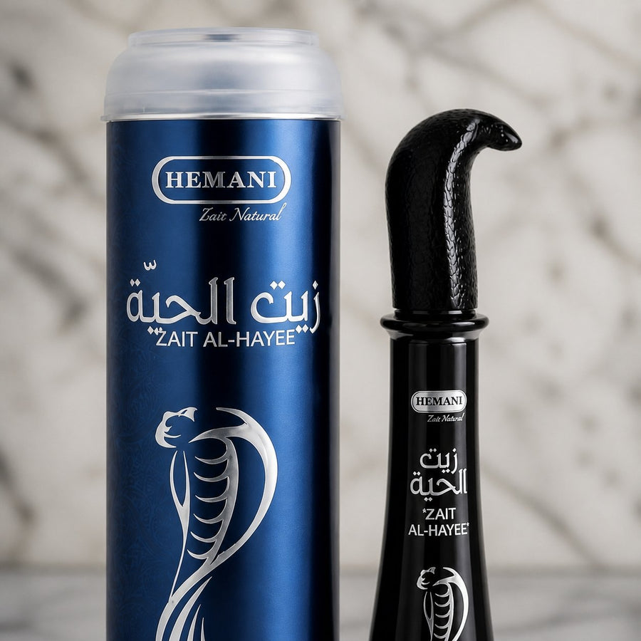 3 Huiles de Serpent pour cheveux Zait Al Hayee - Hemani - 250 ml – gros plan sur les détails et la finition du packaging