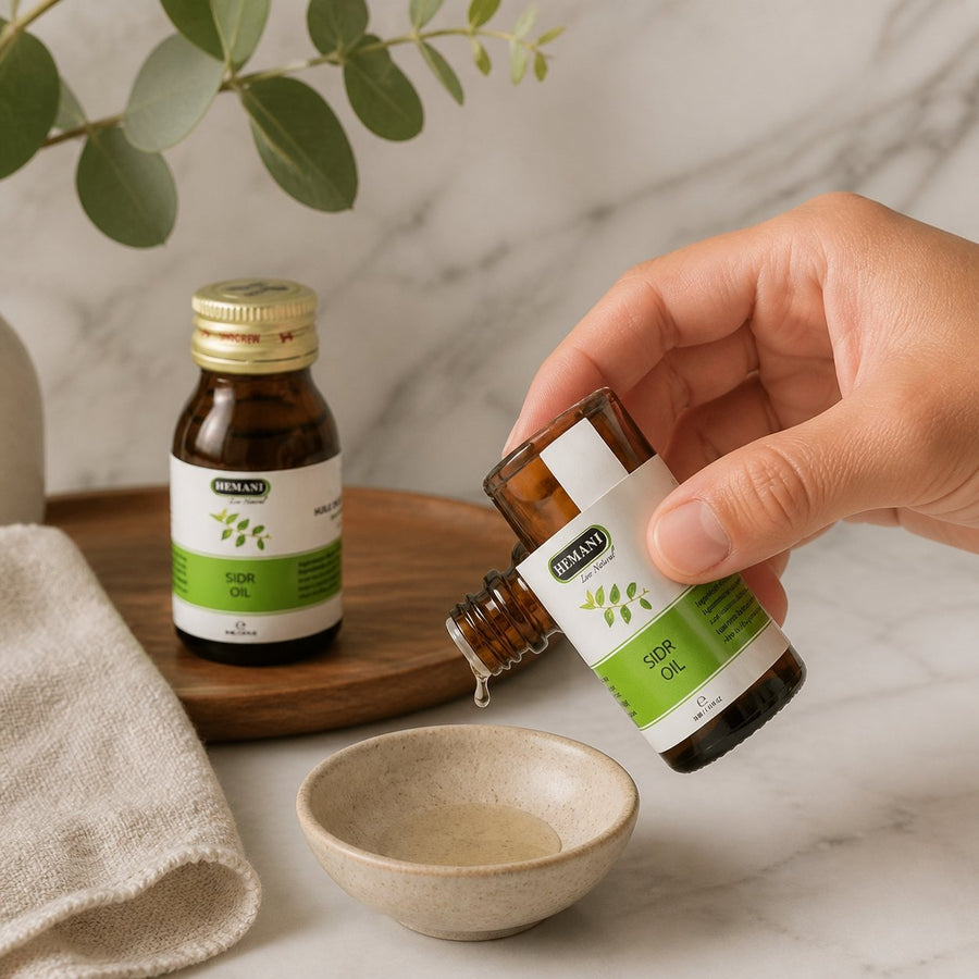 3 Huile de Sidr 30mL Hemani 100% naturelle – application en situation réelle, geste de soin quotidien