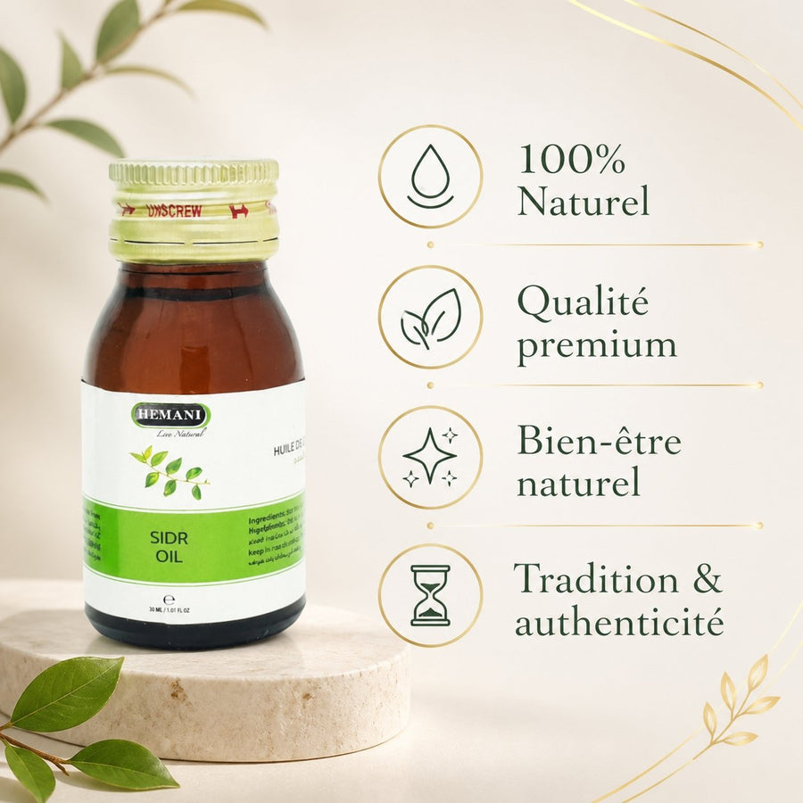3 Huile de Sidr 30mL Hemani 100% naturelle – infographie des bienfaits et des ingrédients clés