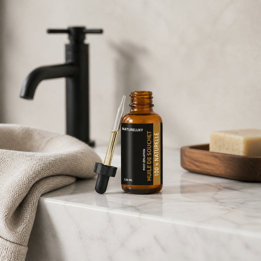 3 Huile de Souchet 100mL Pipette 100% naturelle – présentation du produit dans une salle de bain lumineuse et naturelle