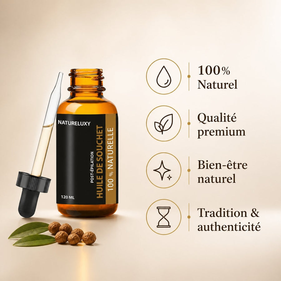 3 Huile de Souchet 100mL Pipette 100% naturelle – infographie des bienfaits et des ingrédients clés