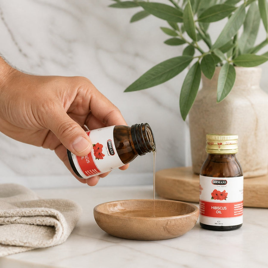3 Huile d'Hibiscus 30mL 100% Naturelle Hemani – application en situation réelle, geste de soin quotidien