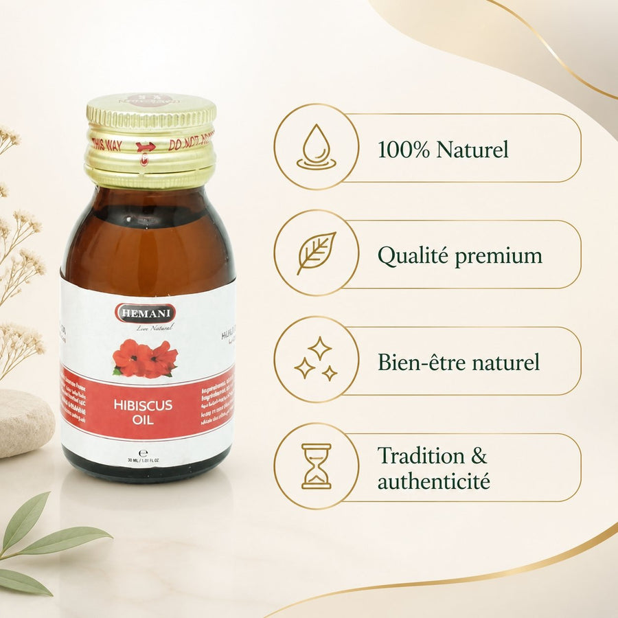 3 Huile d'Hibiscus 30mL 100% Naturelle Hemani – infographie des bienfaits et des ingrédients clés