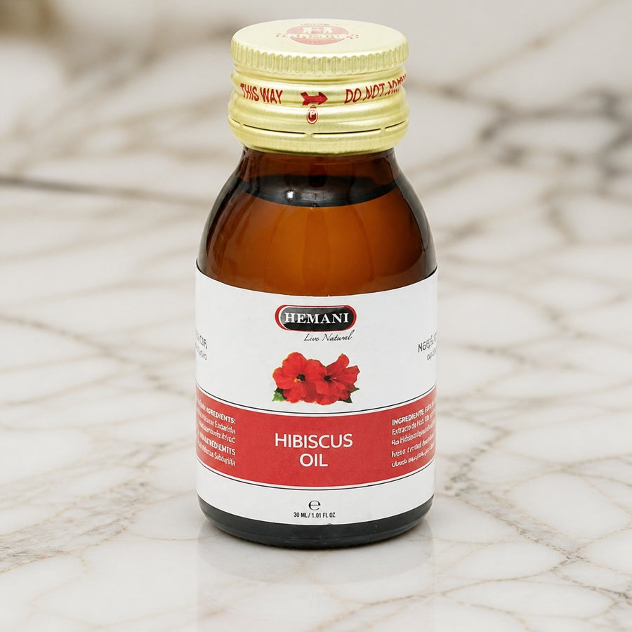 3 Huile d'Hibiscus 30mL 100% Naturelle Hemani – gros plan sur les détails et la finition du packaging
