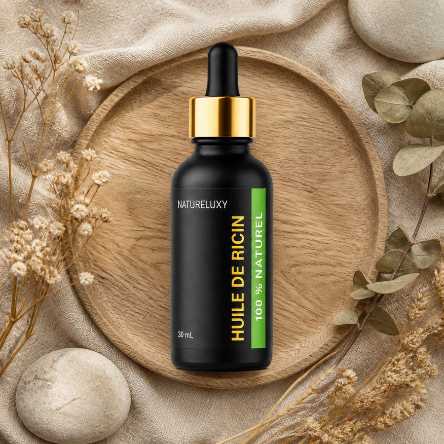 3 Huile de ricin 30 ml à pipette – composition flat lay avec éléments naturels, vue du dessus