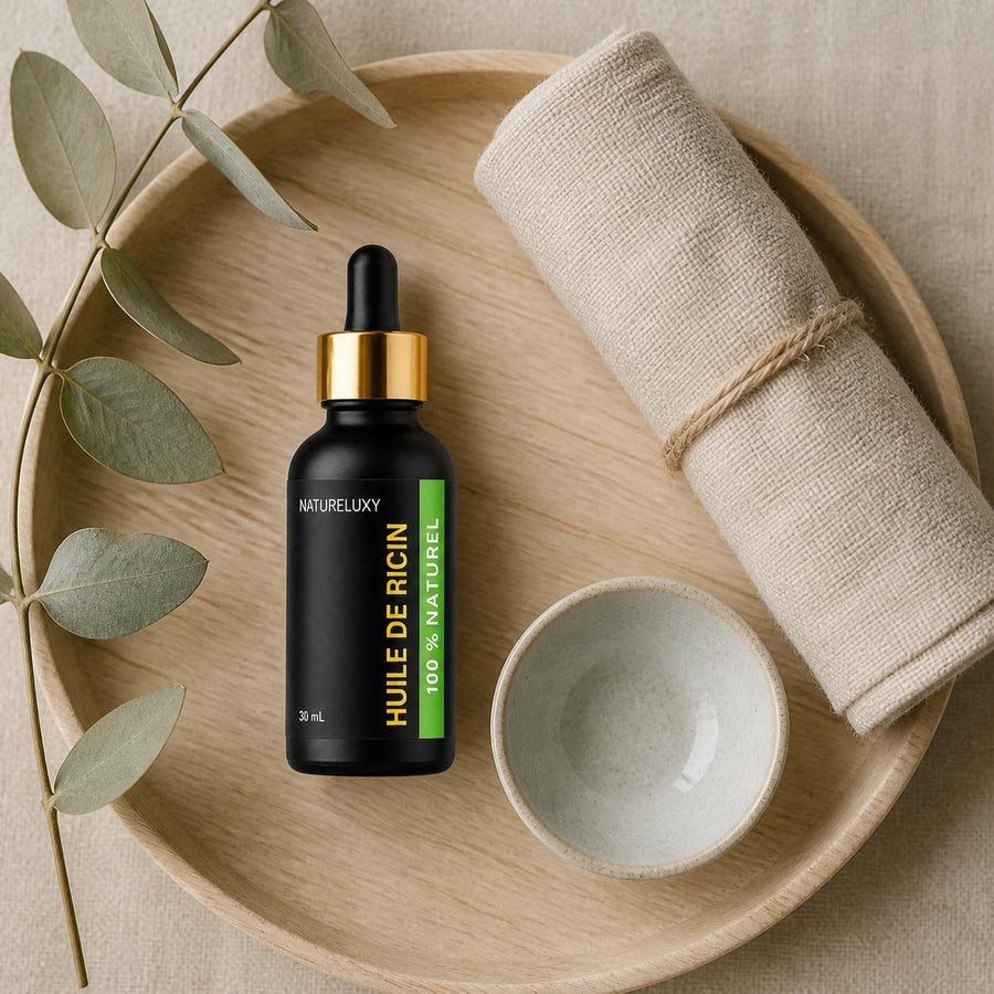 3 Huile de ricin 30 ml à pipette – rituel d'utilisation vu du dessus, ambiance naturelle zen