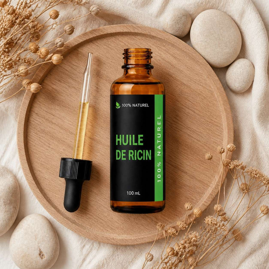 3 Huiles végétale de ricin 100ml à pipette Réduction – composition flat lay avec éléments naturels, vue du dessus