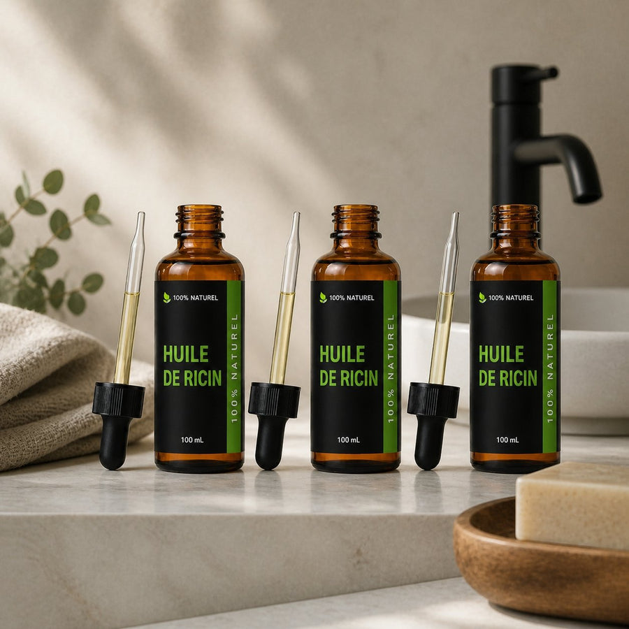 3 Huiles végétale de ricin 100ml à pipette Réduction – présentation du produit dans une salle de bain lumineuse et naturelle