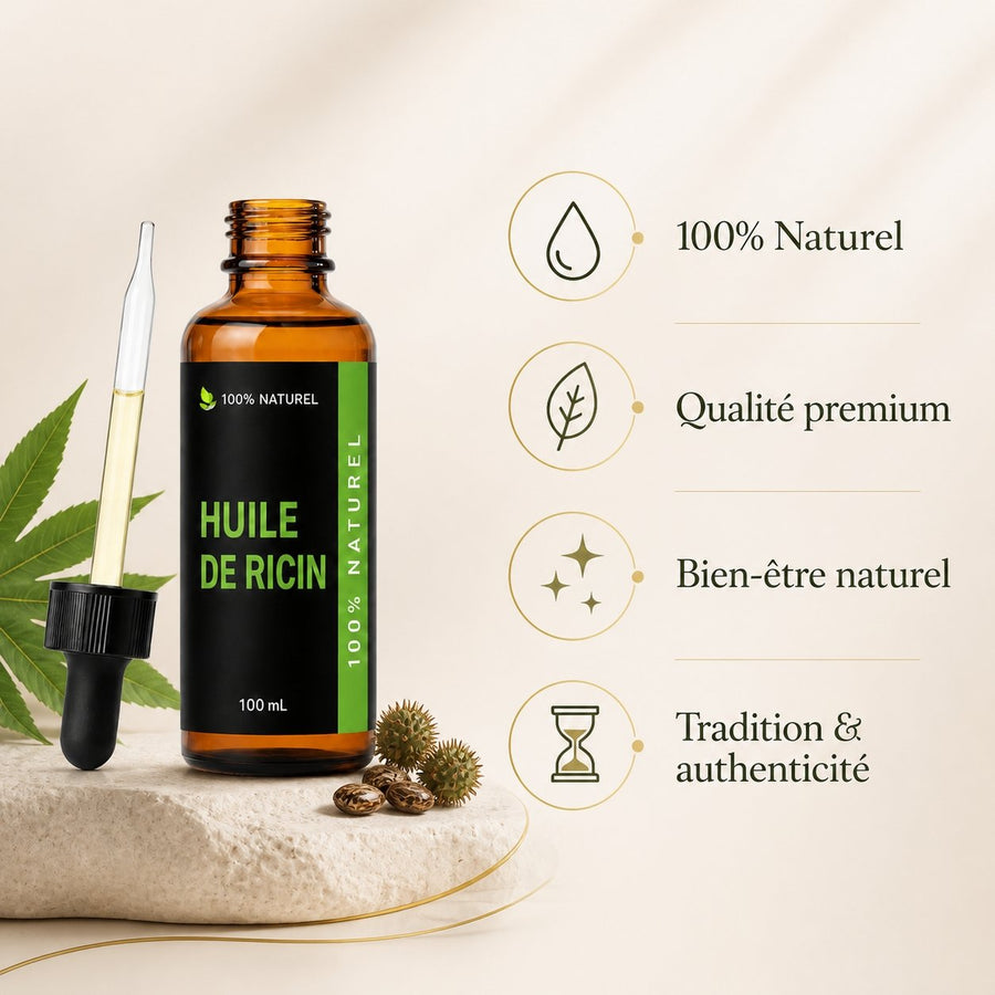 3 Huiles végétale de ricin 100ml à pipette Réduction – infographie des bienfaits et des ingrédients clés