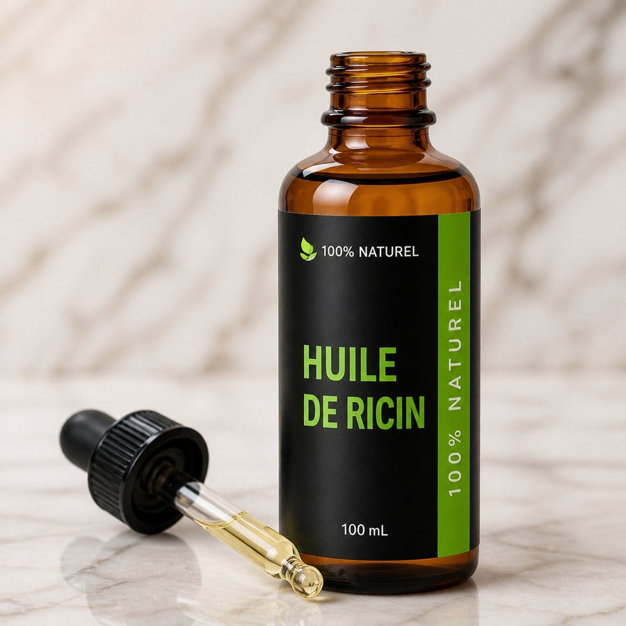 3 Huiles végétale de ricin 100ml à pipette Réduction – gros plan sur les détails et la finition du packaging