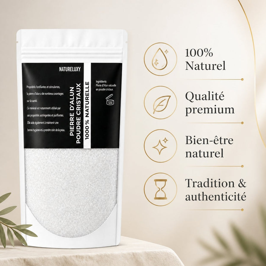 3 Pierre d'Alun Poudre - 250g - Déo Naturel – infographie des bienfaits et des ingrédients clés