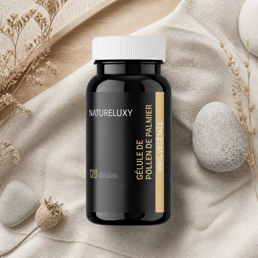 3X120 gélules de Pollen de Palmier NATURELUXY – composition flat lay avec éléments naturels, vue du dessus