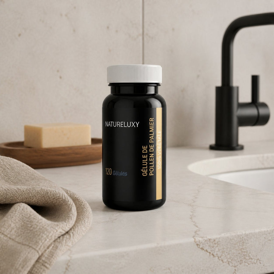 3X120 gélules de Pollen de Palmier NATURELUXY – présentation du produit dans une salle de bain lumineuse et naturelle