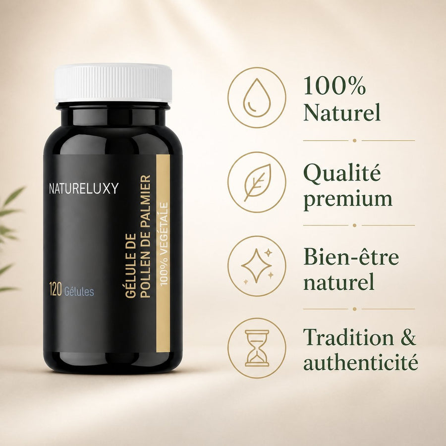 3X120 gélules de Pollen de Palmier NATURELUXY – infographie des bienfaits et des ingrédients clés