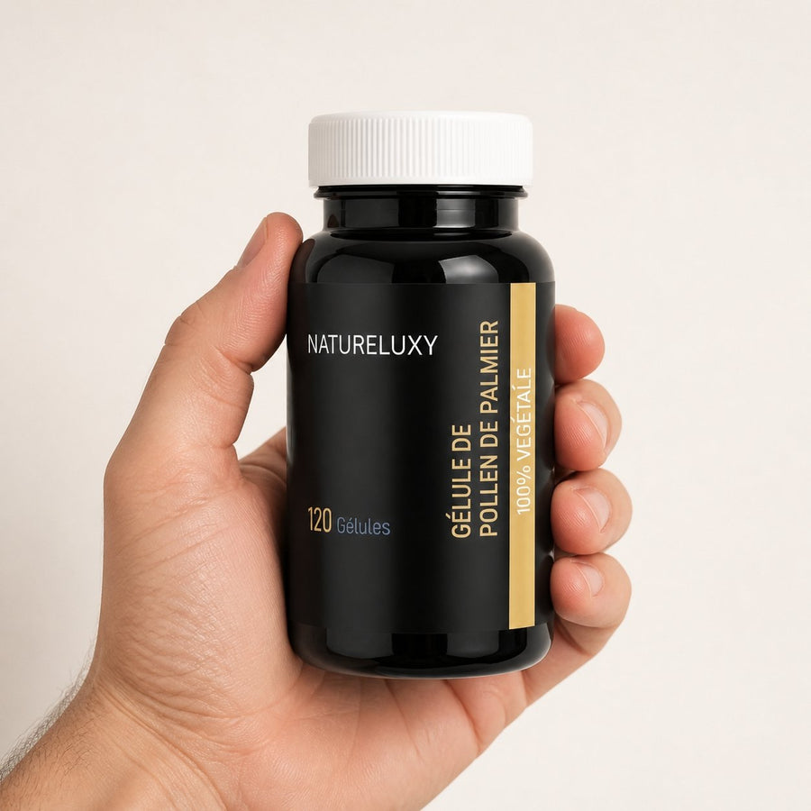 3X120 gélules de Pollen de Palmier NATURELUXY – taille et contenance réelles du produit en main