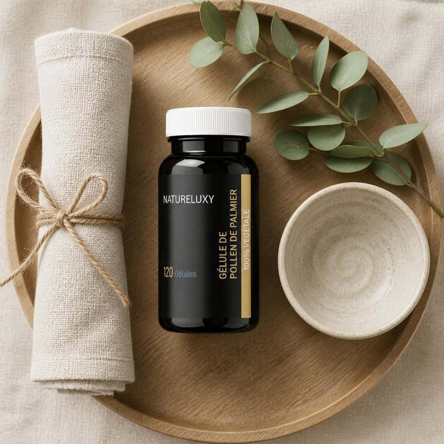 3X120 gélules de Pollen de Palmier NATURELUXY – rituel d'utilisation vu du dessus, ambiance naturelle zen
