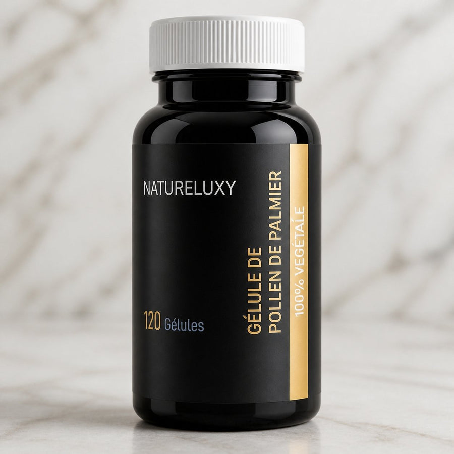 3X120 gélules de Pollen de Palmier NATURELUXY – gros plan sur les détails et la finition du packaging