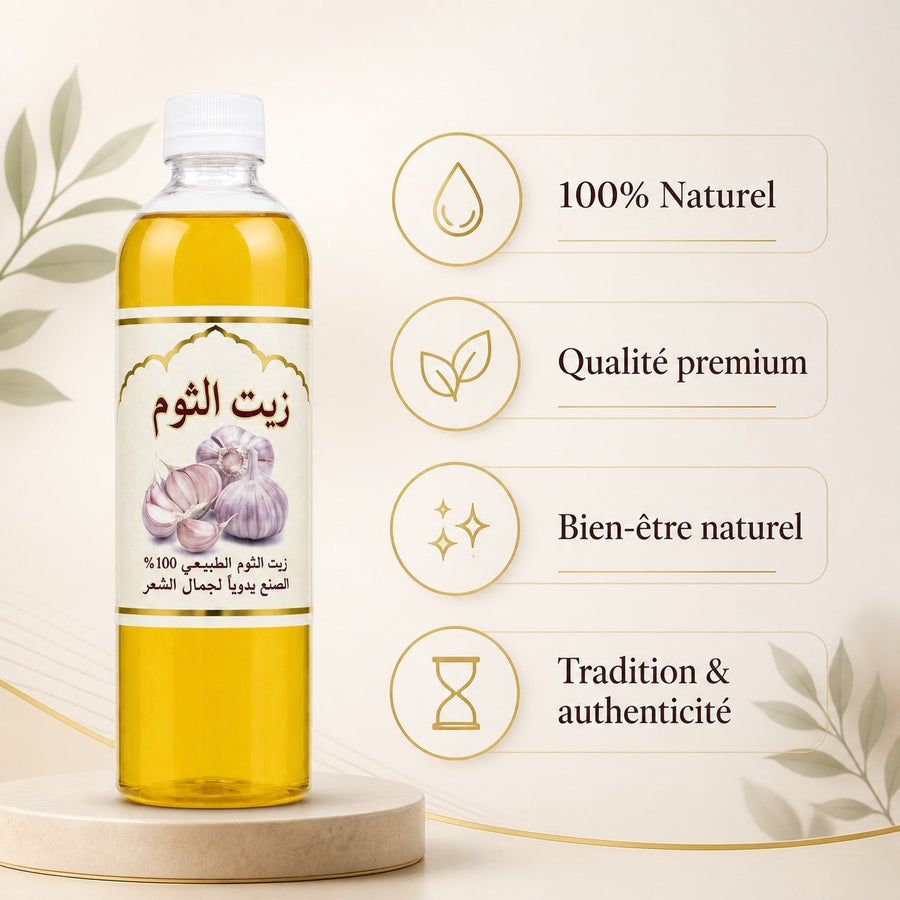 3X1L Huile d'Ail Cosmétique – infographie des bienfaits et des ingrédients clés