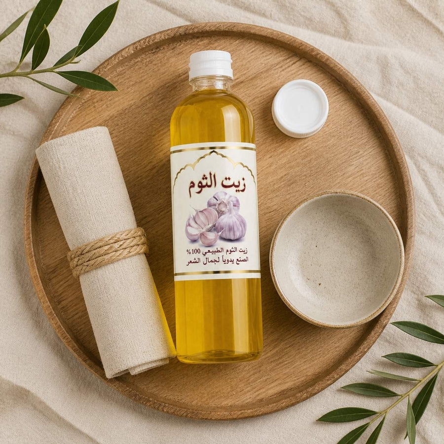 3X1L Huile d'Ail Cosmétique – rituel d'utilisation vu du dessus, ambiance naturelle zen