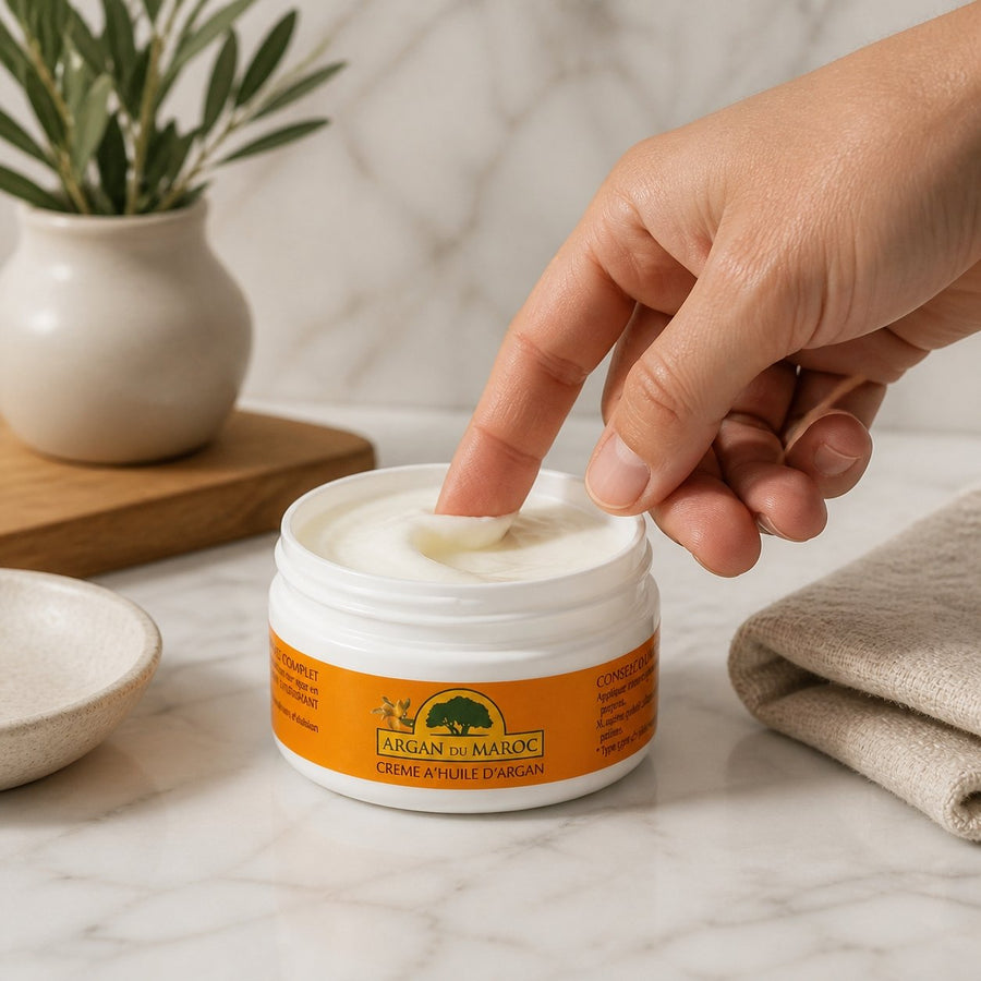 4 Crèmes Argan du Maroc Soin Contour des yeux et Visage Jour et Nuit 100mL – application en situation réelle, geste de soin quotidien