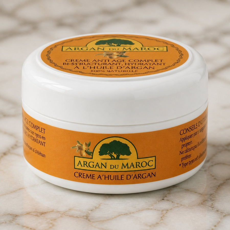 4 Crèmes Argan du Maroc Soin Contour des yeux et Visage Jour et Nuit 100mL – gros plan sur les détails et la finition du packaging