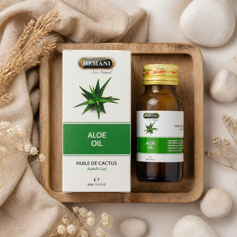 3 Huile de Cactus 30ml 100% Naturelle Hemani – composition flat lay avec éléments naturels, vue du dessus